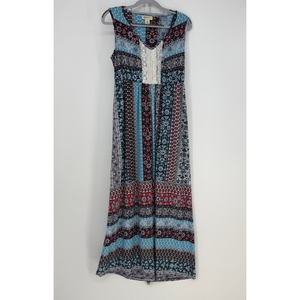 Style & Co Maxi Dress Womens P Medium Blue Patchwork Boho Crochet V-Neck‎ Petite